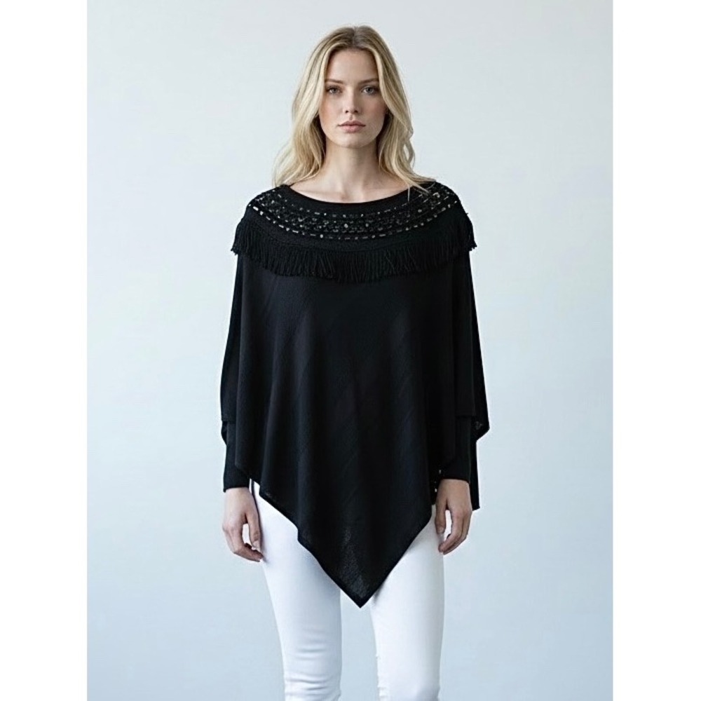 🌴 White House Black Market Black Studded Fringe Asymmetrical Poncho Sweater XS